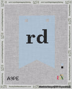 A taped needlepoint canvas with the design: Banner 18 mesh count Forked rd Black on Light Blue.