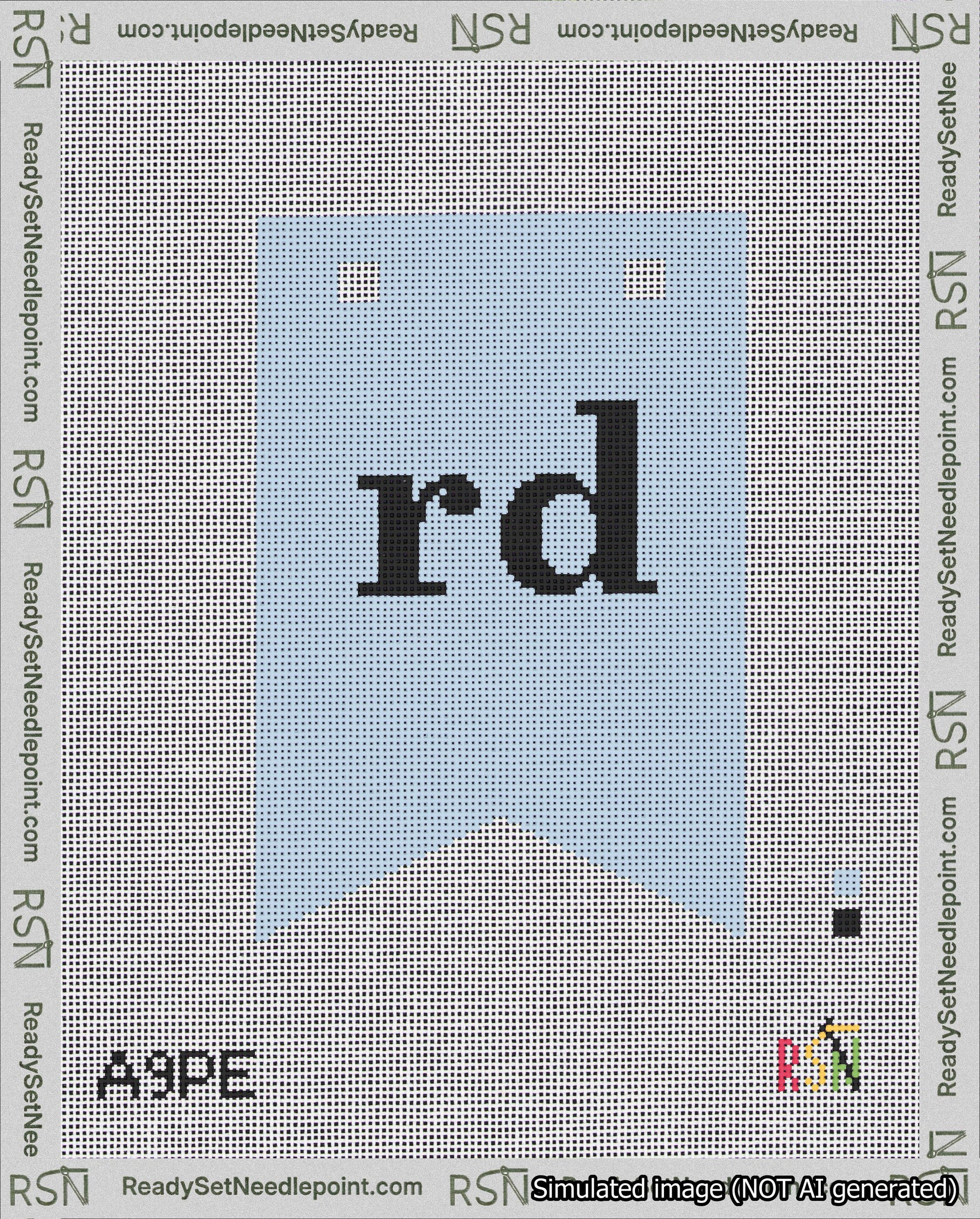 A taped needlepoint canvas with the design: Banner 18 mesh count Forked rd Black on Light Blue.