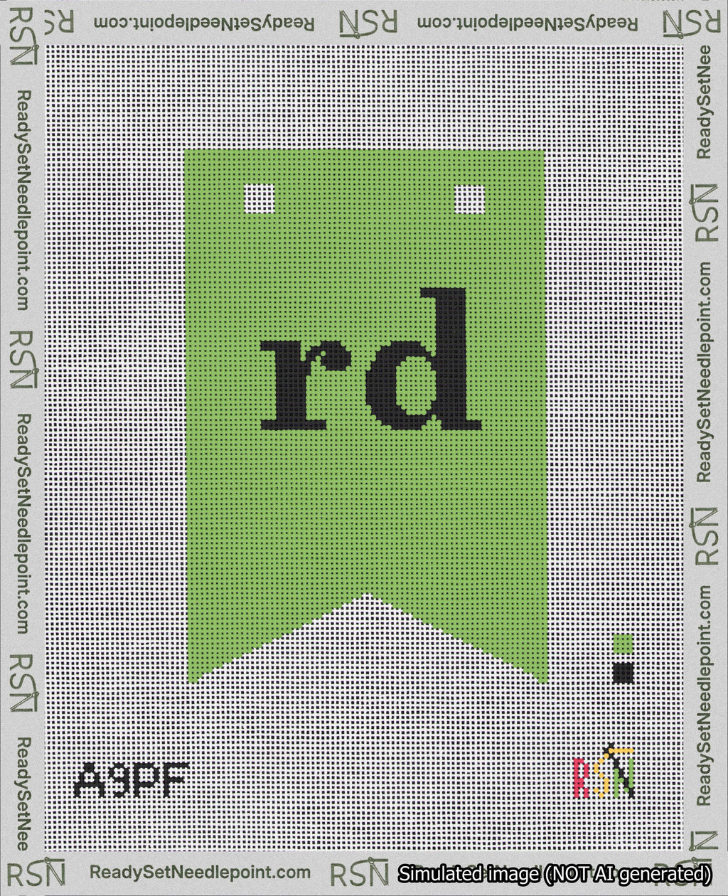 A taped needlepoint canvas with the design: Banner 18 mesh count Forked rd Black on Light Green.
