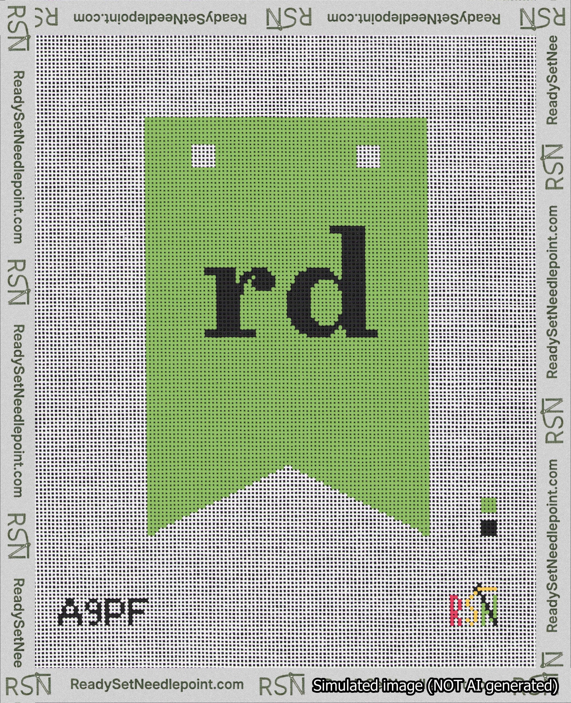 A taped needlepoint canvas with the design: Banner 18 mesh count Forked rd Black on Light Green.