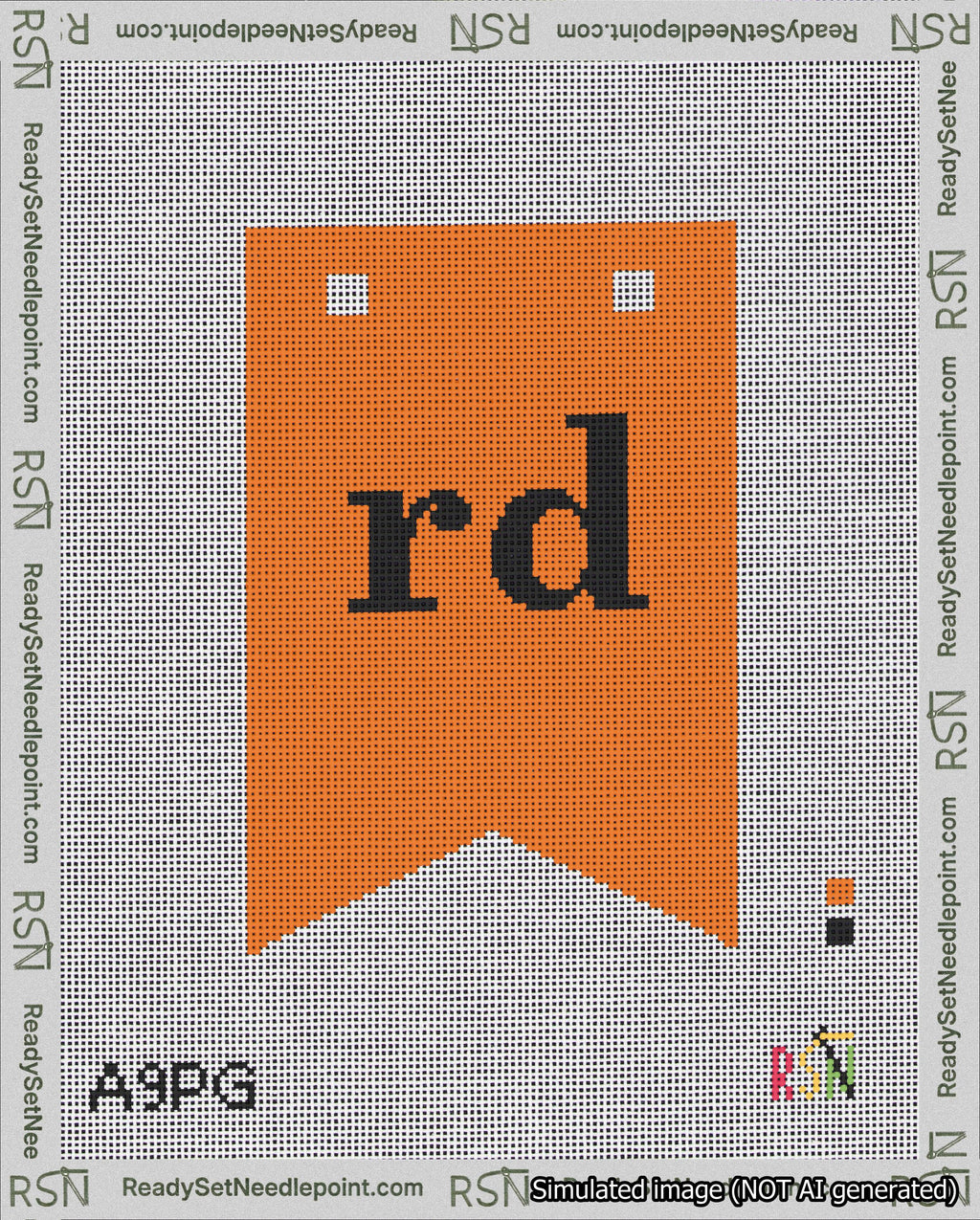 A taped needlepoint canvas with the design: Banner 18 mesh count Forked rd Black on Orange.