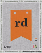 A taped needlepoint canvas with the design: Banner 18 mesh count Forked rd Black on Orange.