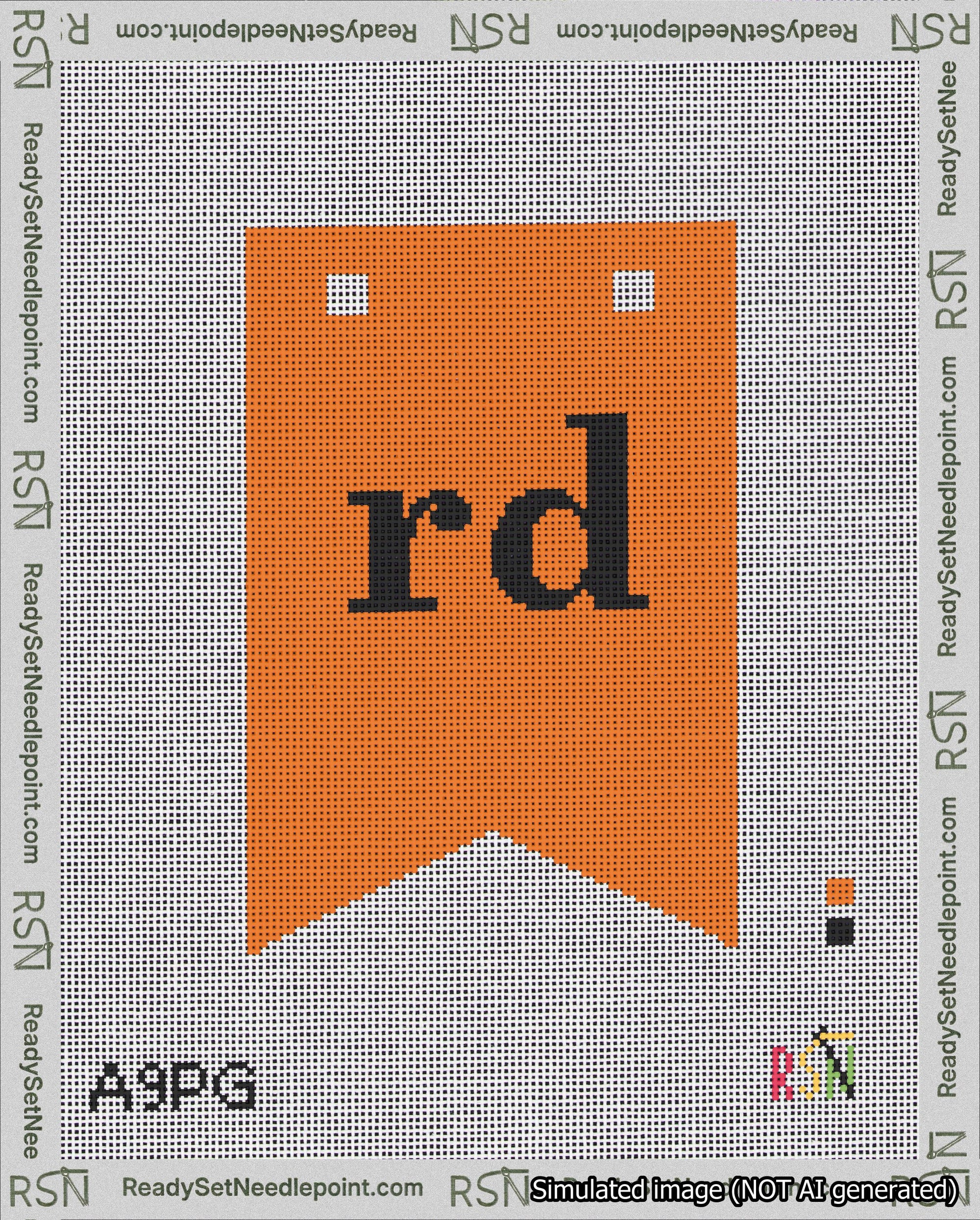 A taped needlepoint canvas with the design: Banner 18 mesh count Forked rd Black on Orange.