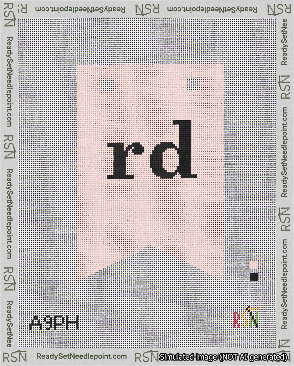A taped needlepoint canvas with the design: Banner 18 mesh count Forked rd Black on Pink.