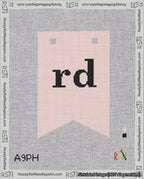 A taped needlepoint canvas with the design: Banner 18 mesh count Forked rd Black on Pink.