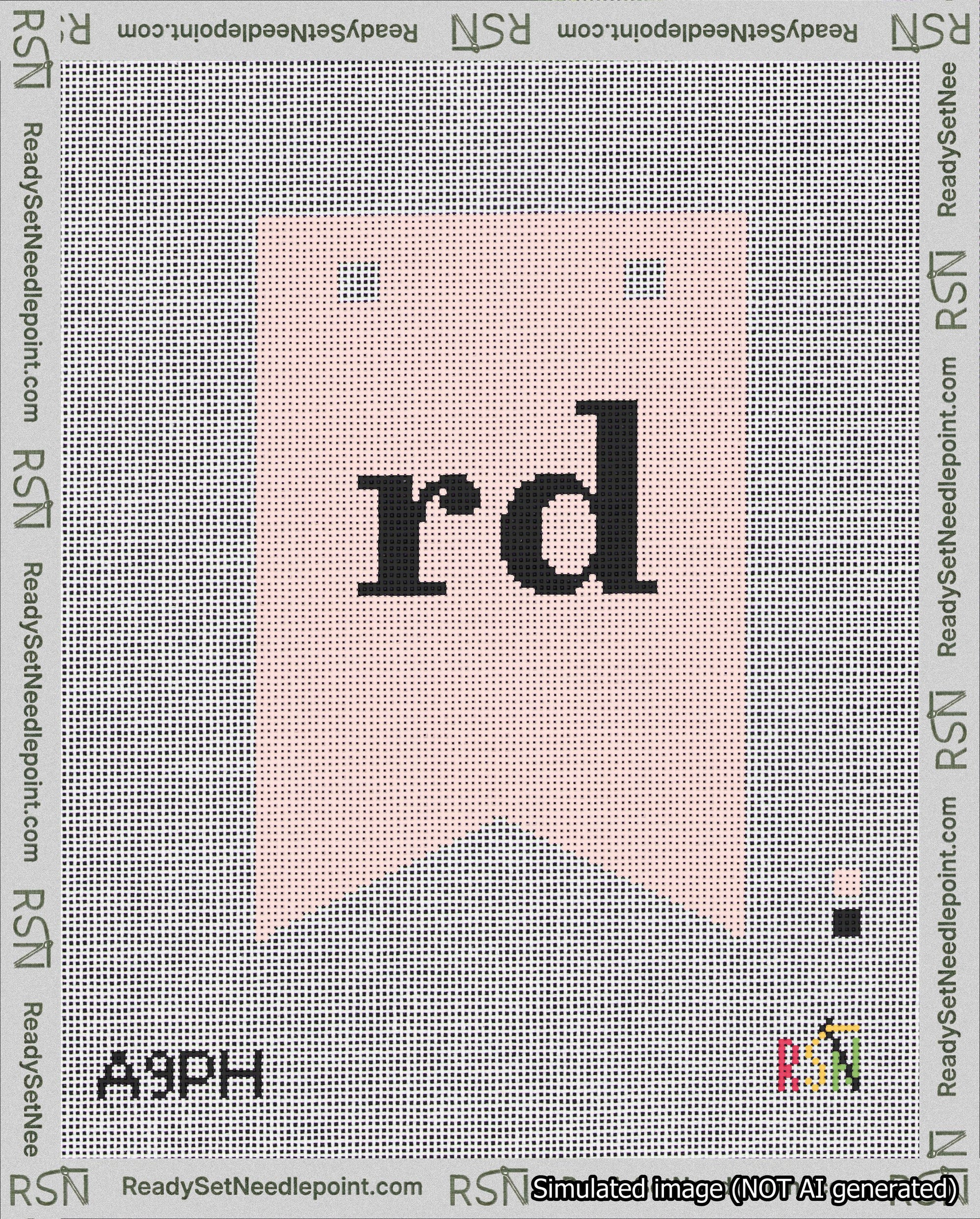 A taped needlepoint canvas with the design: Banner 18 mesh count Forked rd Black on Pink.