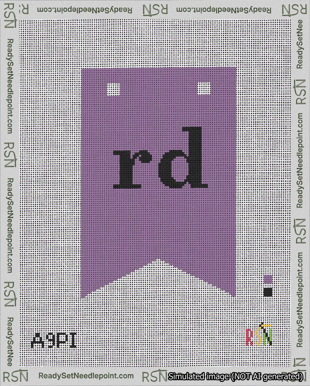 A taped needlepoint canvas with the design: Banner 18 mesh count Forked rd Black on Purple.
