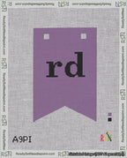 A taped needlepoint canvas with the design: Banner 18 mesh count Forked rd Black on Purple.