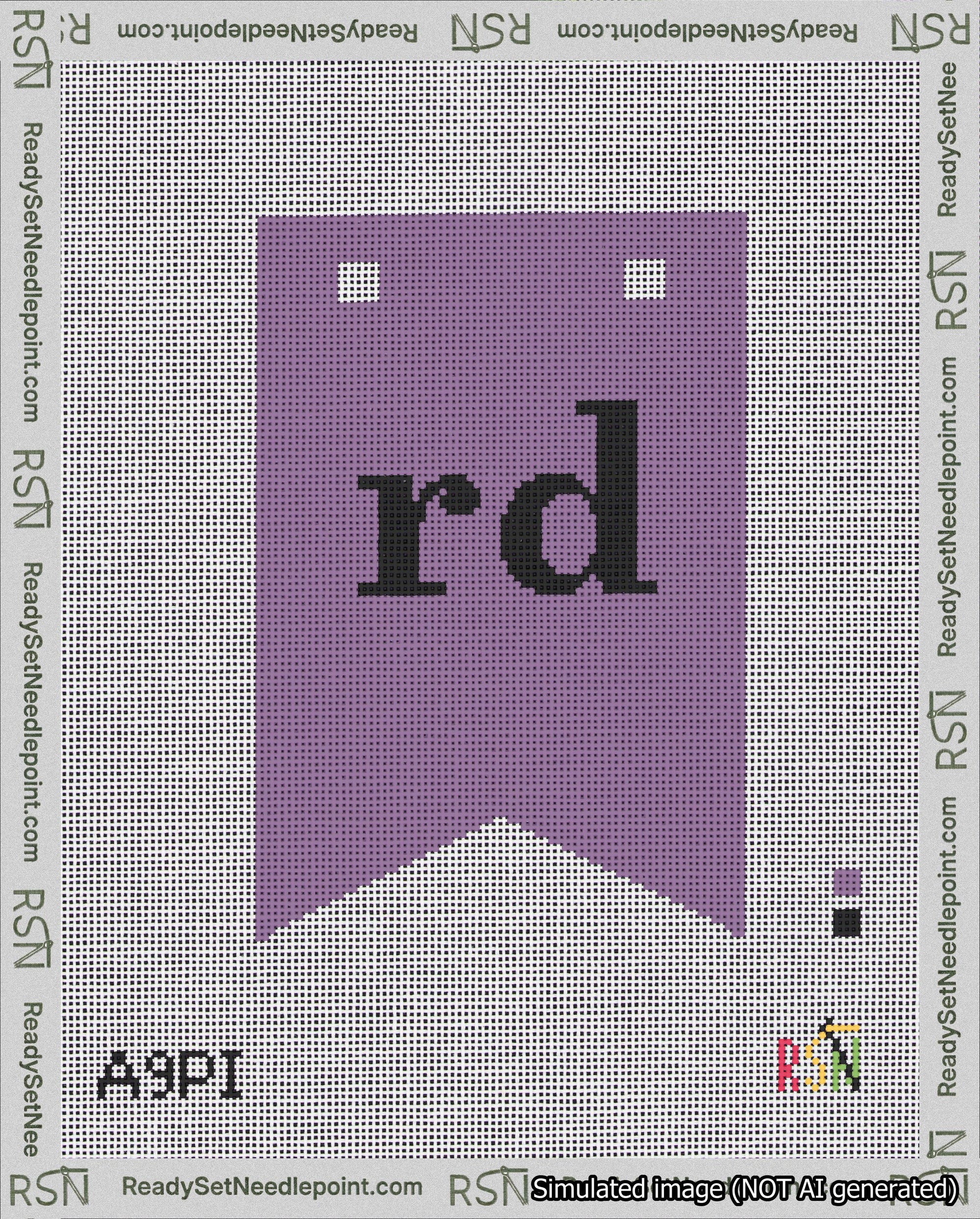 A taped needlepoint canvas with the design: Banner 18 mesh count Forked rd Black on Purple.