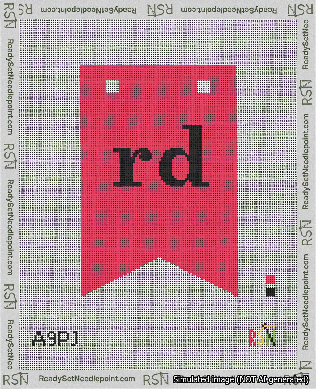 A taped needlepoint canvas with the design: Banner 18 mesh count Forked rd Black on Red.