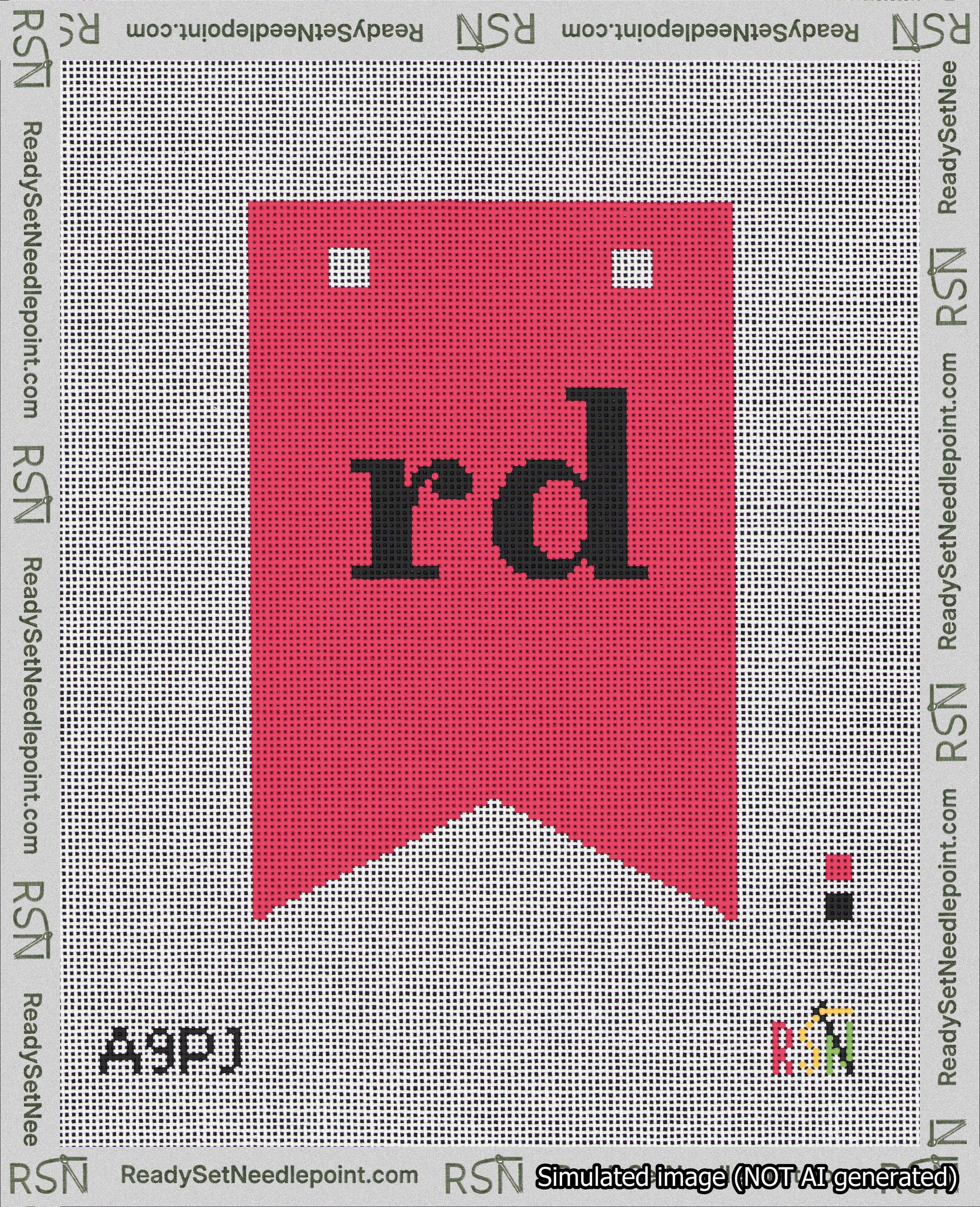 A taped needlepoint canvas with the design: Banner 18 mesh count Forked rd Black on Red.