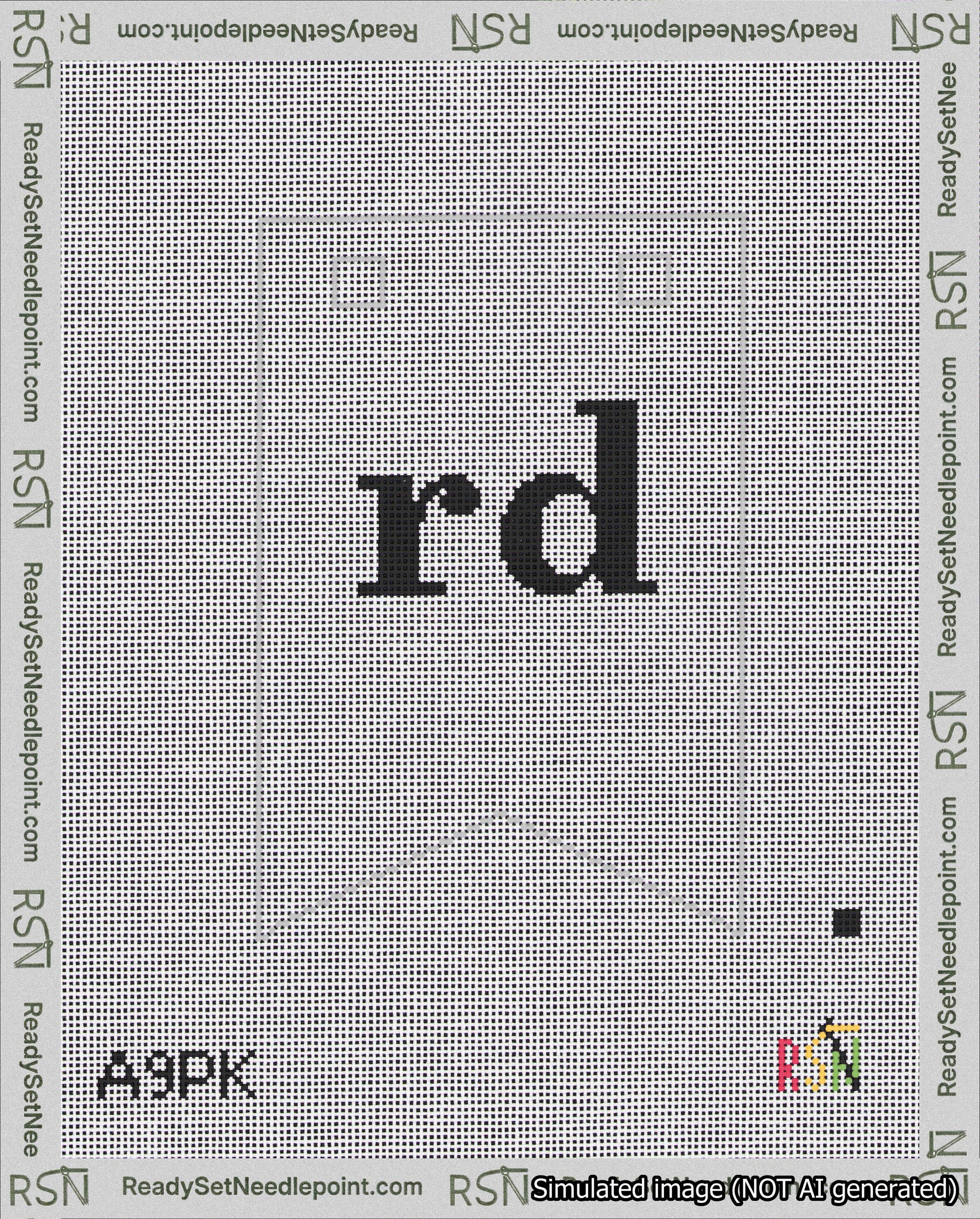 A taped needlepoint canvas with the design: Banner 18 mesh count Forked rd Black on White.