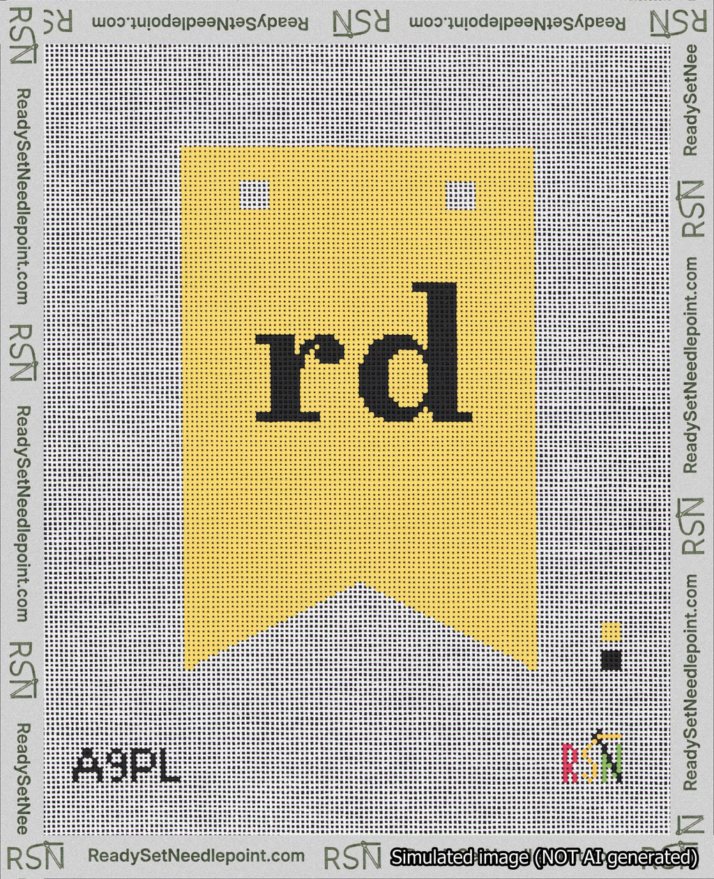 A taped needlepoint canvas with the design: Banner 18 mesh count Forked rd Black on Yellow.