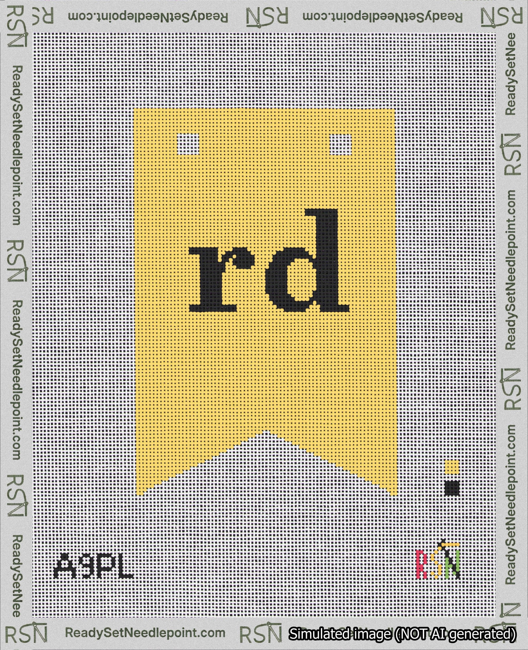 A taped needlepoint canvas with the design: Banner 18 mesh count Forked rd Black on Yellow.