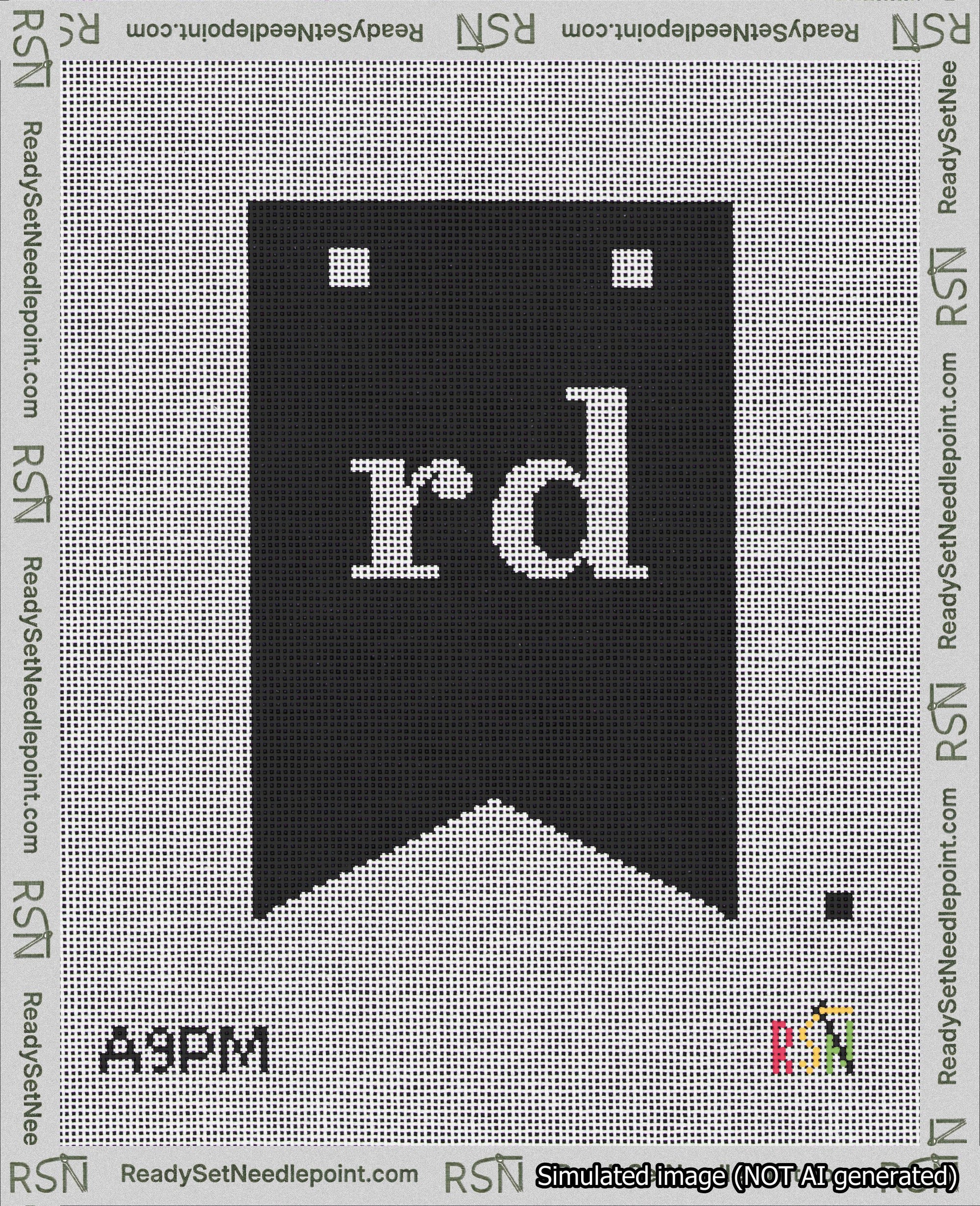 A taped needlepoint canvas with the design: Banner 18 mesh count Forked rd White on Black.