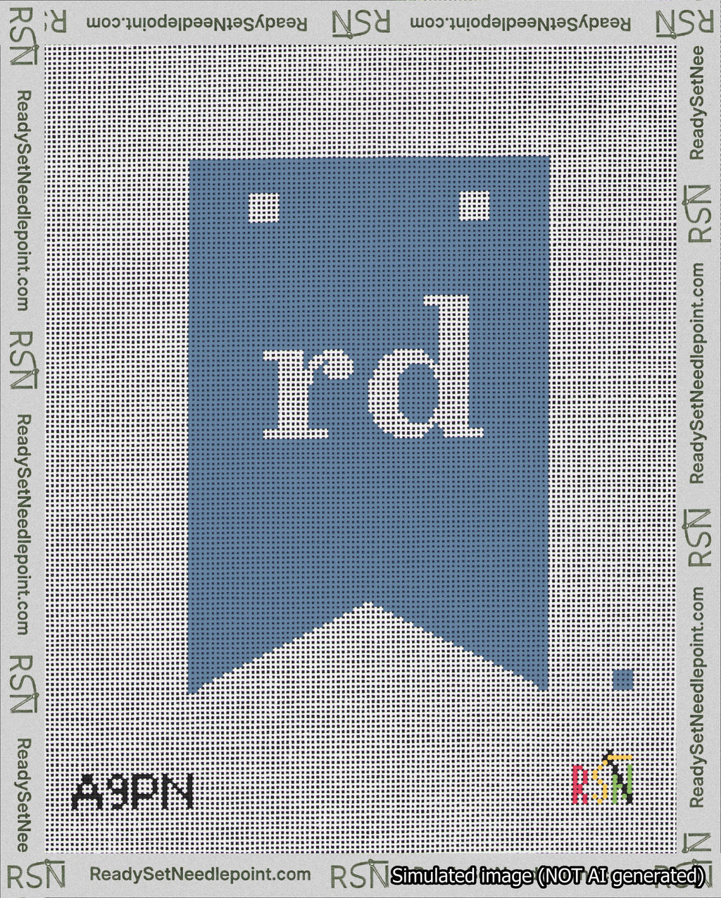A taped needlepoint canvas with the design: Banner 18 mesh count Forked rd White on Blue.