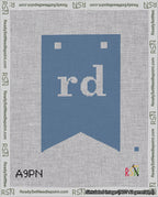 A taped needlepoint canvas with the design: Banner 18 mesh count Forked rd White on Blue.