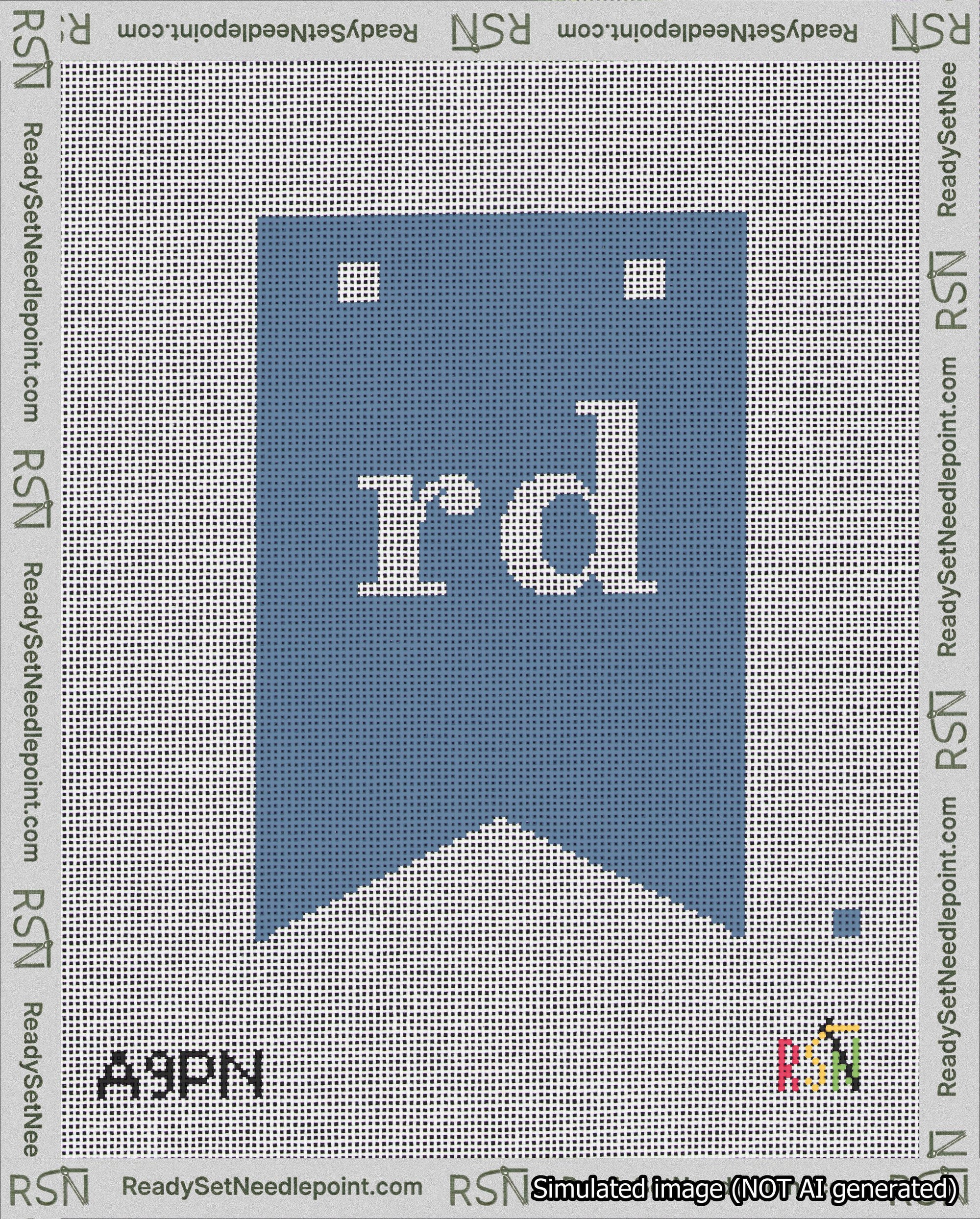 A taped needlepoint canvas with the design: Banner 18 mesh count Forked rd White on Blue.