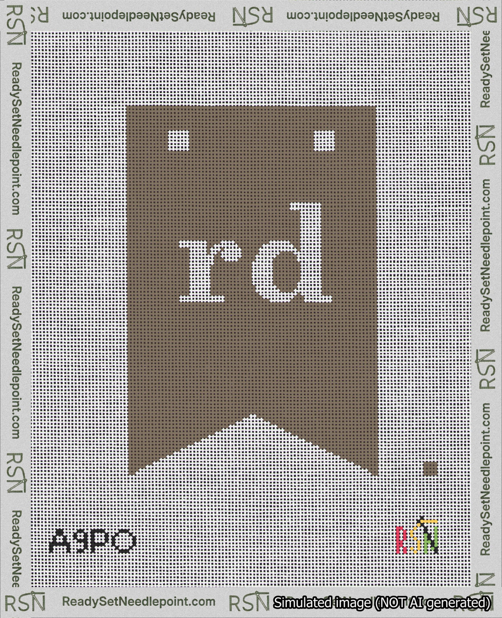 A taped needlepoint canvas with the design: Banner 18 mesh count Forked rd White on Brown.