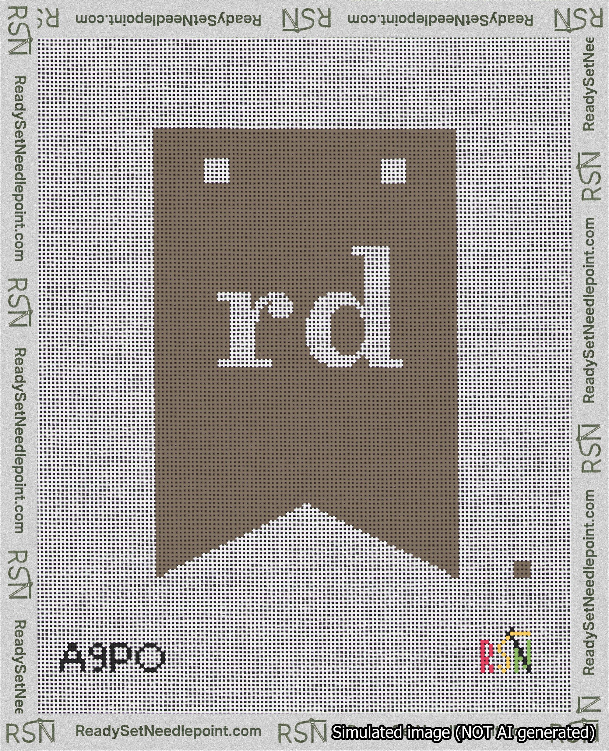 A taped needlepoint canvas with the design: Banner 18 mesh count Forked rd White on Brown.