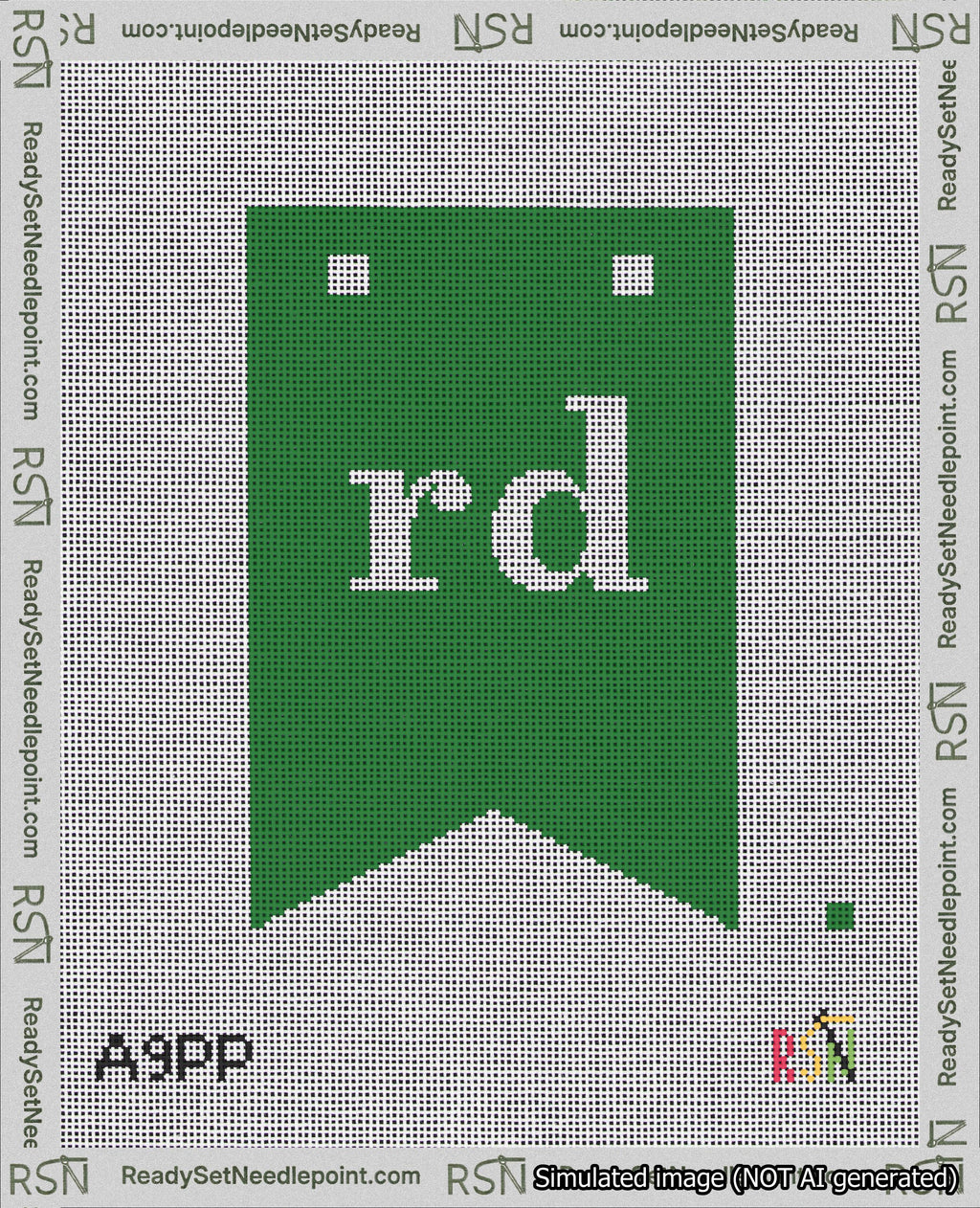 A taped needlepoint canvas with the design: Banner 18 mesh count Forked rd White on Green.