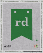 A taped needlepoint canvas with the design: Banner 18 mesh count Forked rd White on Green.