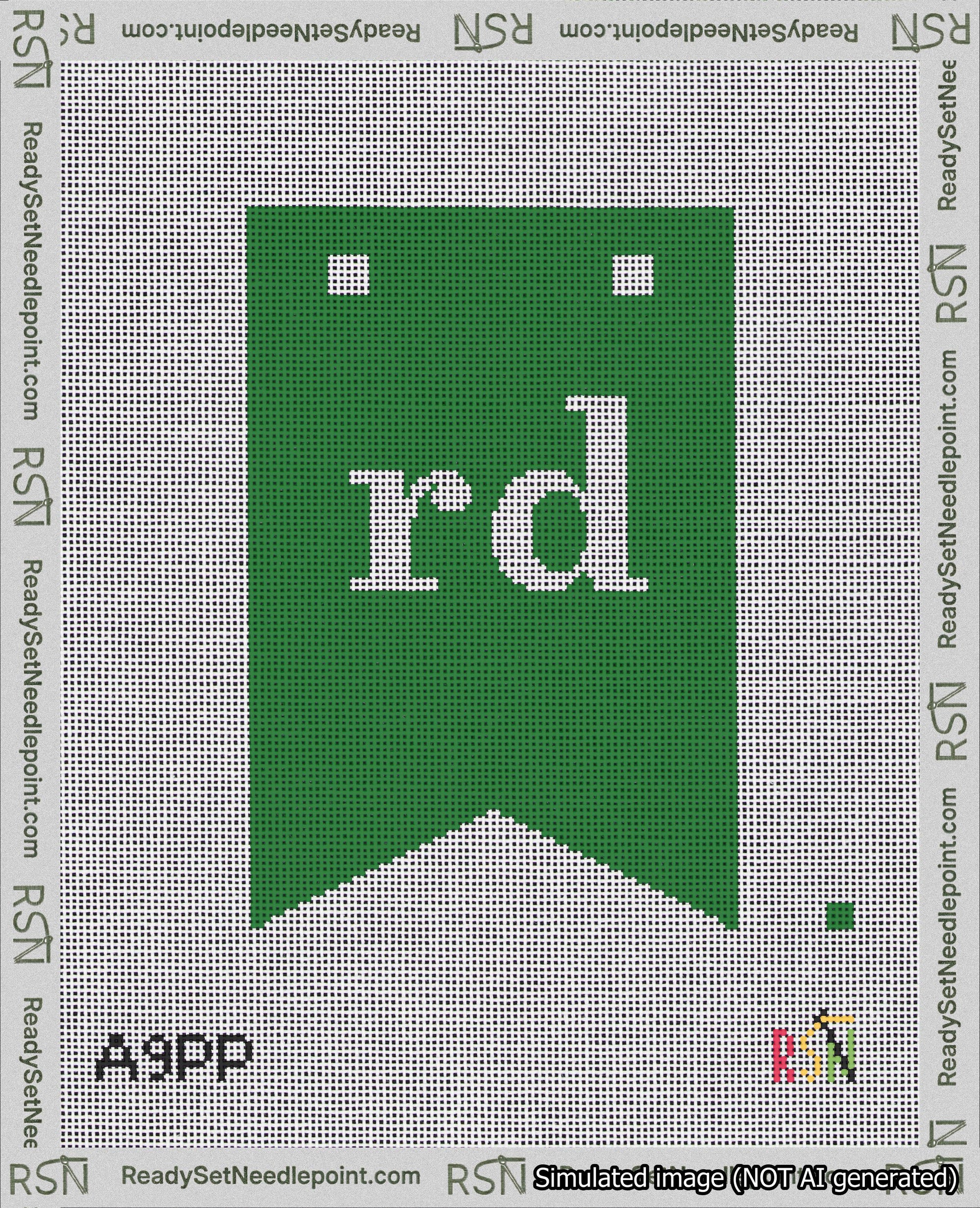 A taped needlepoint canvas with the design: Banner 18 mesh count Forked rd White on Green.
