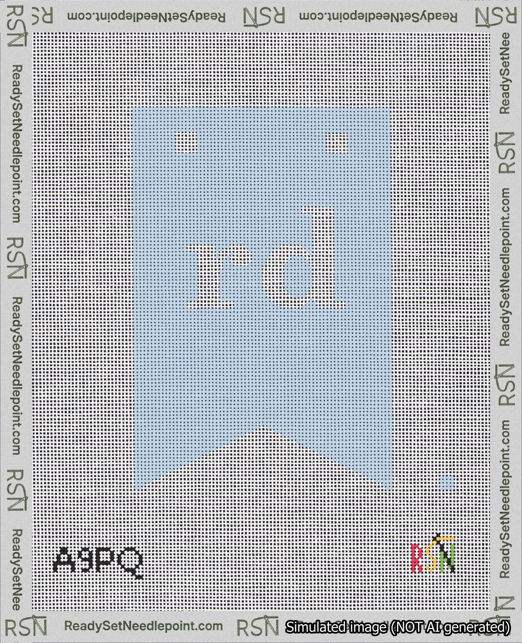 A taped needlepoint canvas with the design: Banner 18 mesh count Forked rd White on Light Blue.