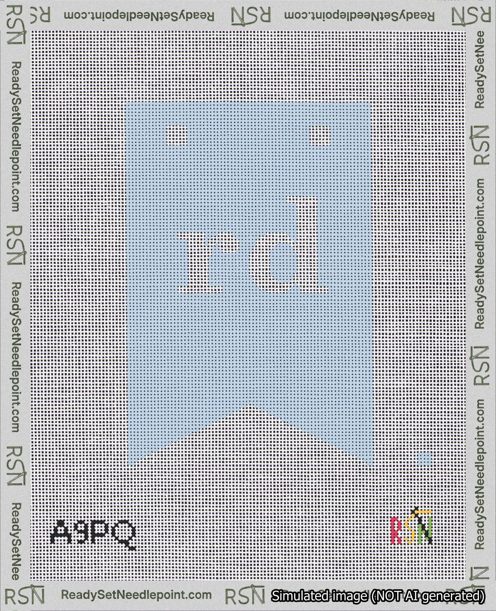 A taped needlepoint canvas with the design: Banner 18 mesh count Forked rd White on Light Blue.