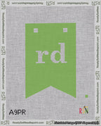 A taped needlepoint canvas with the design: Banner 18 mesh count Forked rd White on Light Green.