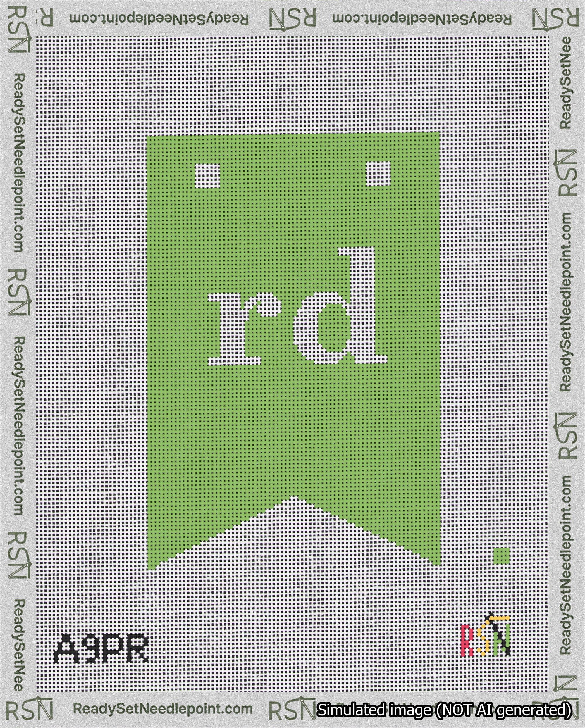 A taped needlepoint canvas with the design: Banner 18 mesh count Forked rd White on Light Green.