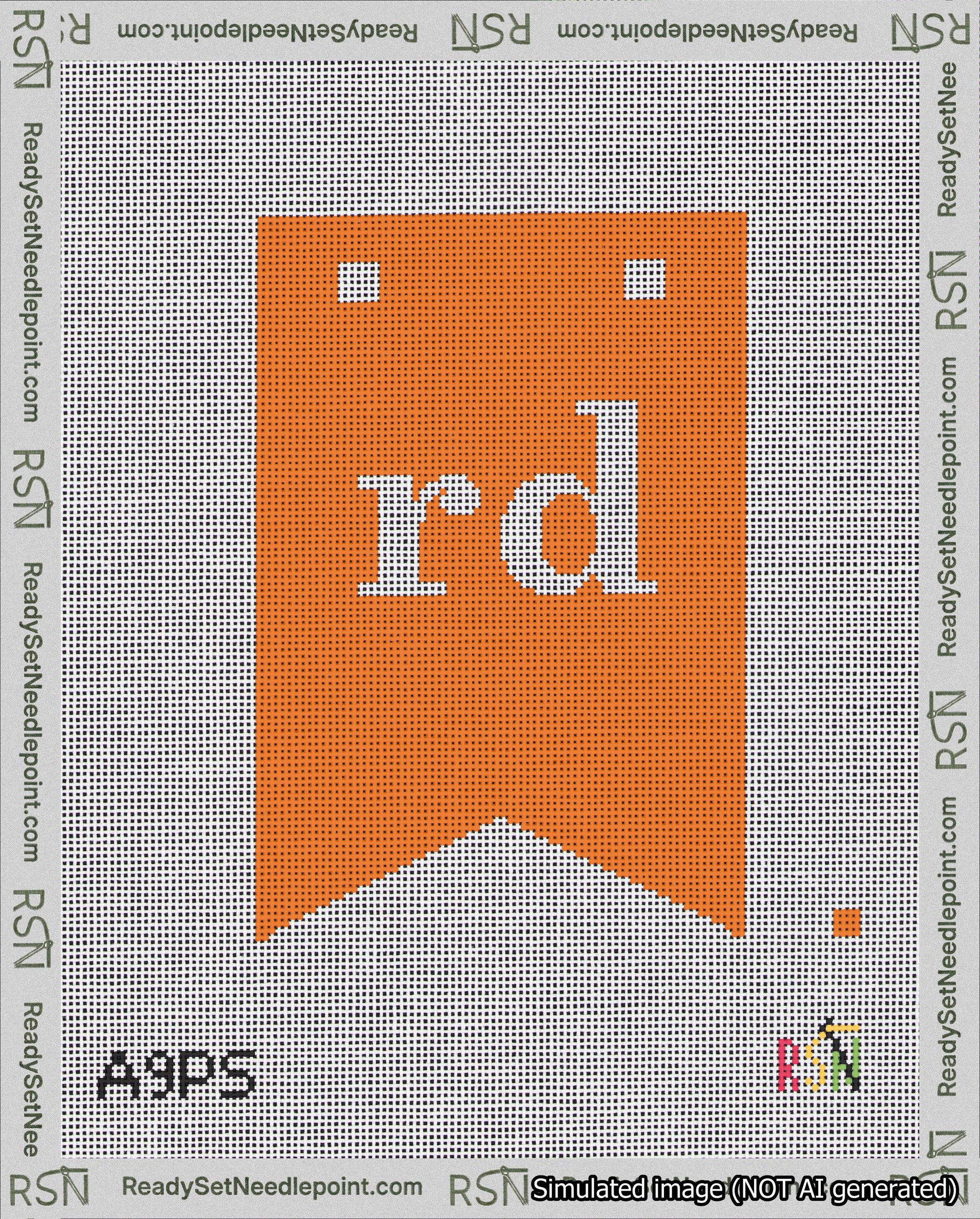 A taped needlepoint canvas with the design: Banner 18 mesh count Forked rd White on Orange.
