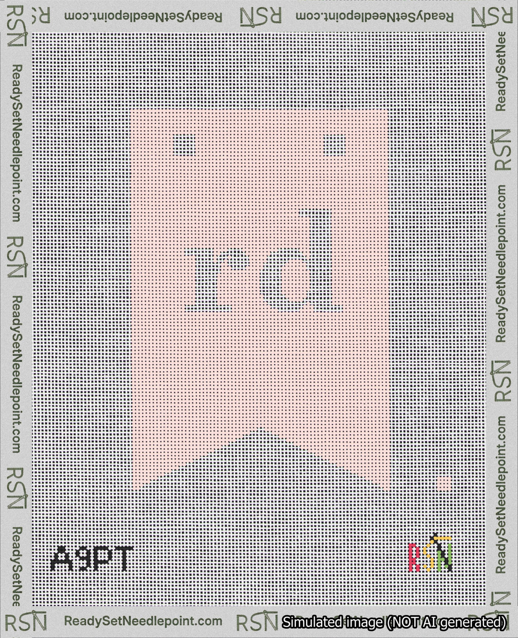 A taped needlepoint canvas with the design: Banner 18 mesh count Forked rd White on Pink.