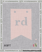 A taped needlepoint canvas with the design: Banner 18 mesh count Forked rd White on Pink.