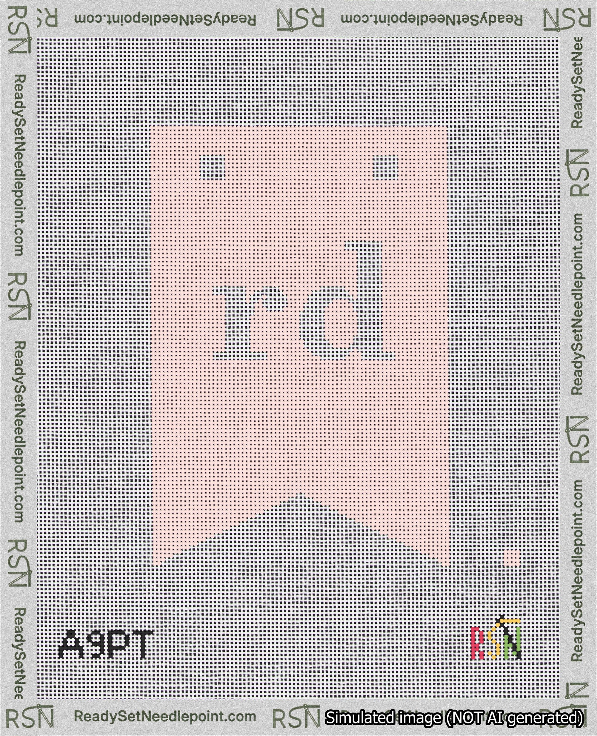 A taped needlepoint canvas with the design: Banner 18 mesh count Forked rd White on Pink.