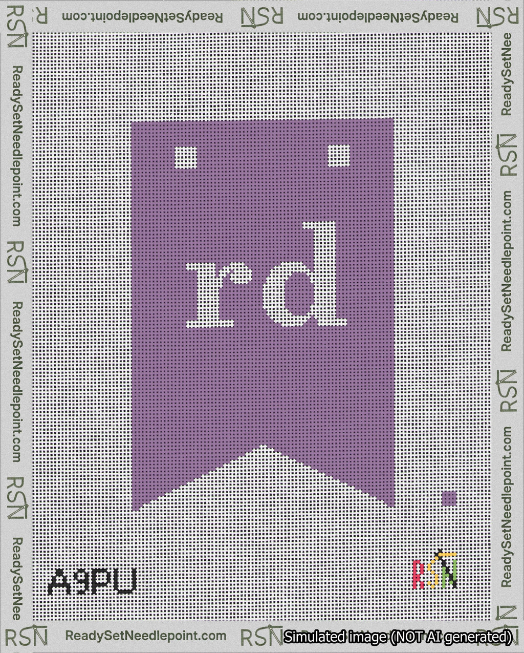 A taped needlepoint canvas with the design: Banner 18 mesh count Forked rd White on Purple.