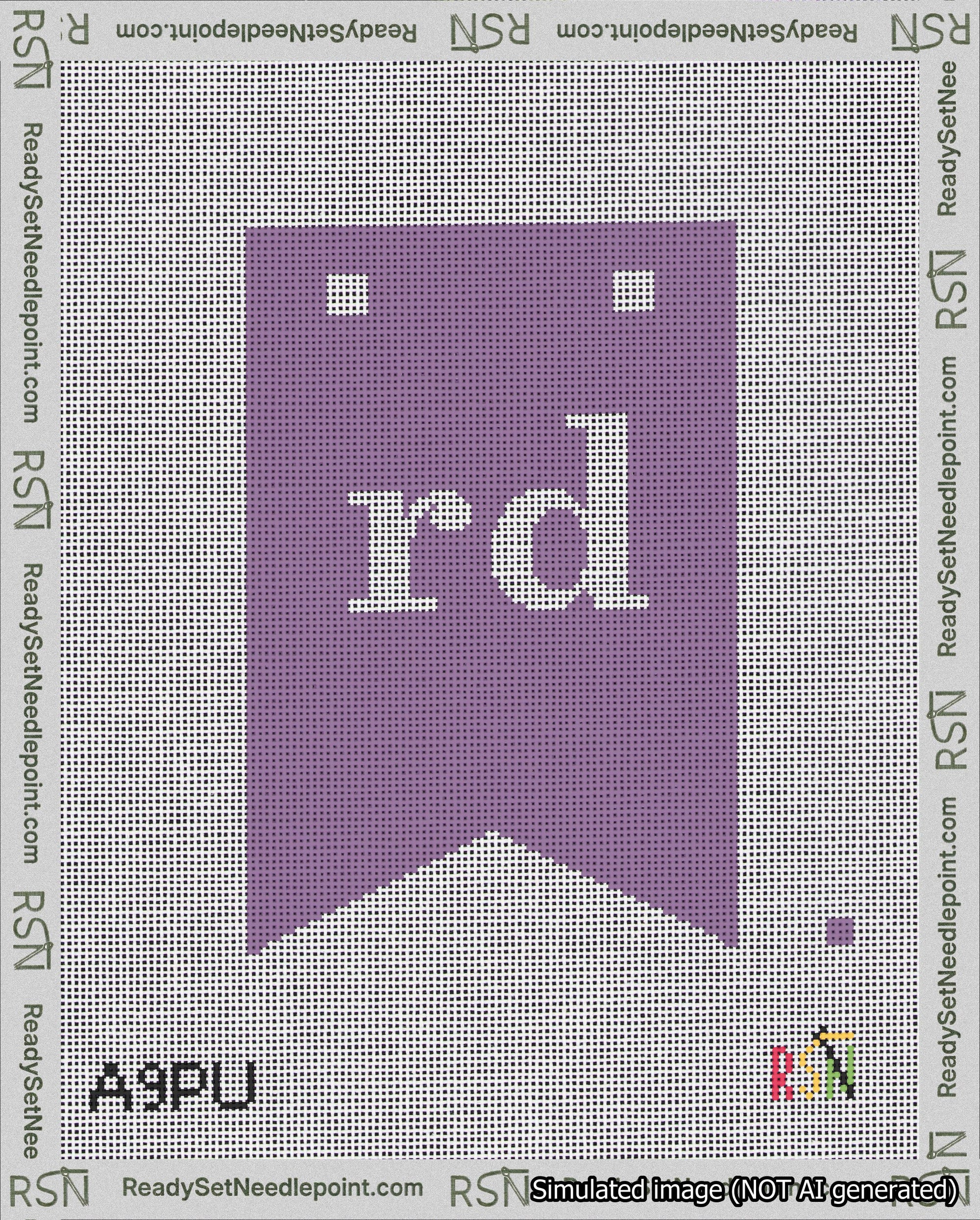 A taped needlepoint canvas with the design: Banner 18 mesh count Forked rd White on Purple.