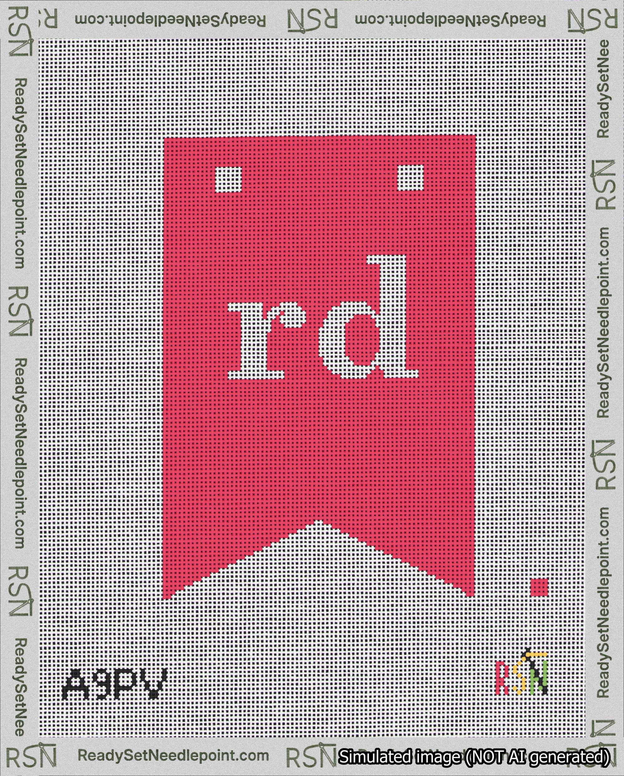 A taped needlepoint canvas with the design: Banner 18 mesh count Forked rd White on Red.