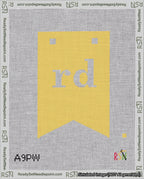 A taped needlepoint canvas with the design: Banner 18 mesh count Forked rd White on Yellow.