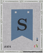 A taped needlepoint canvas with the design: Banner 18 mesh count Forked S Black on Blue.