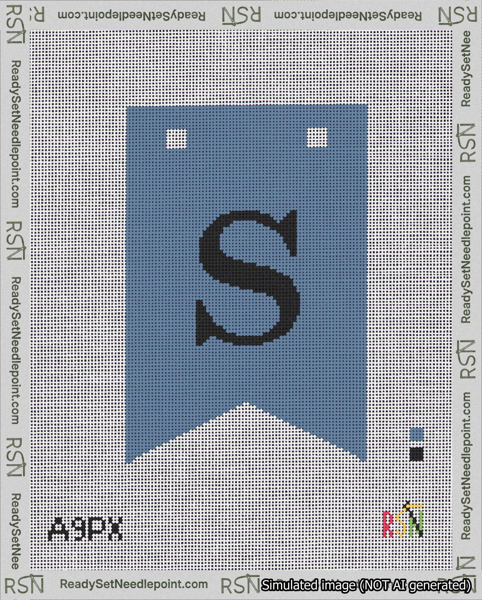 A taped needlepoint canvas with the design: Banner 18 mesh count Forked S Black on Blue.