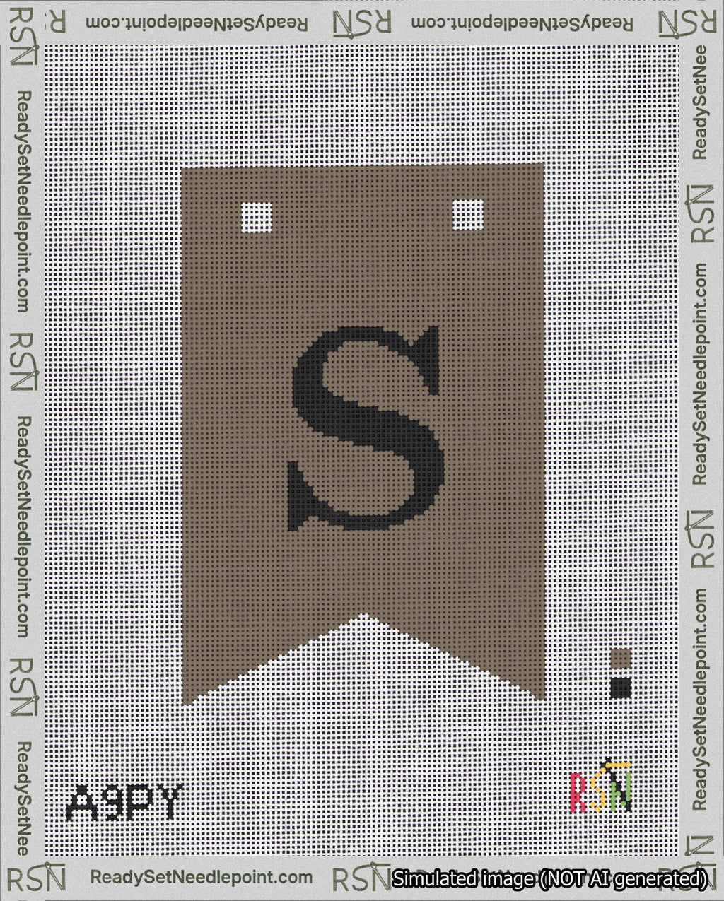 A taped needlepoint canvas with the design: Banner 18 mesh count Forked S Black on Brown.
