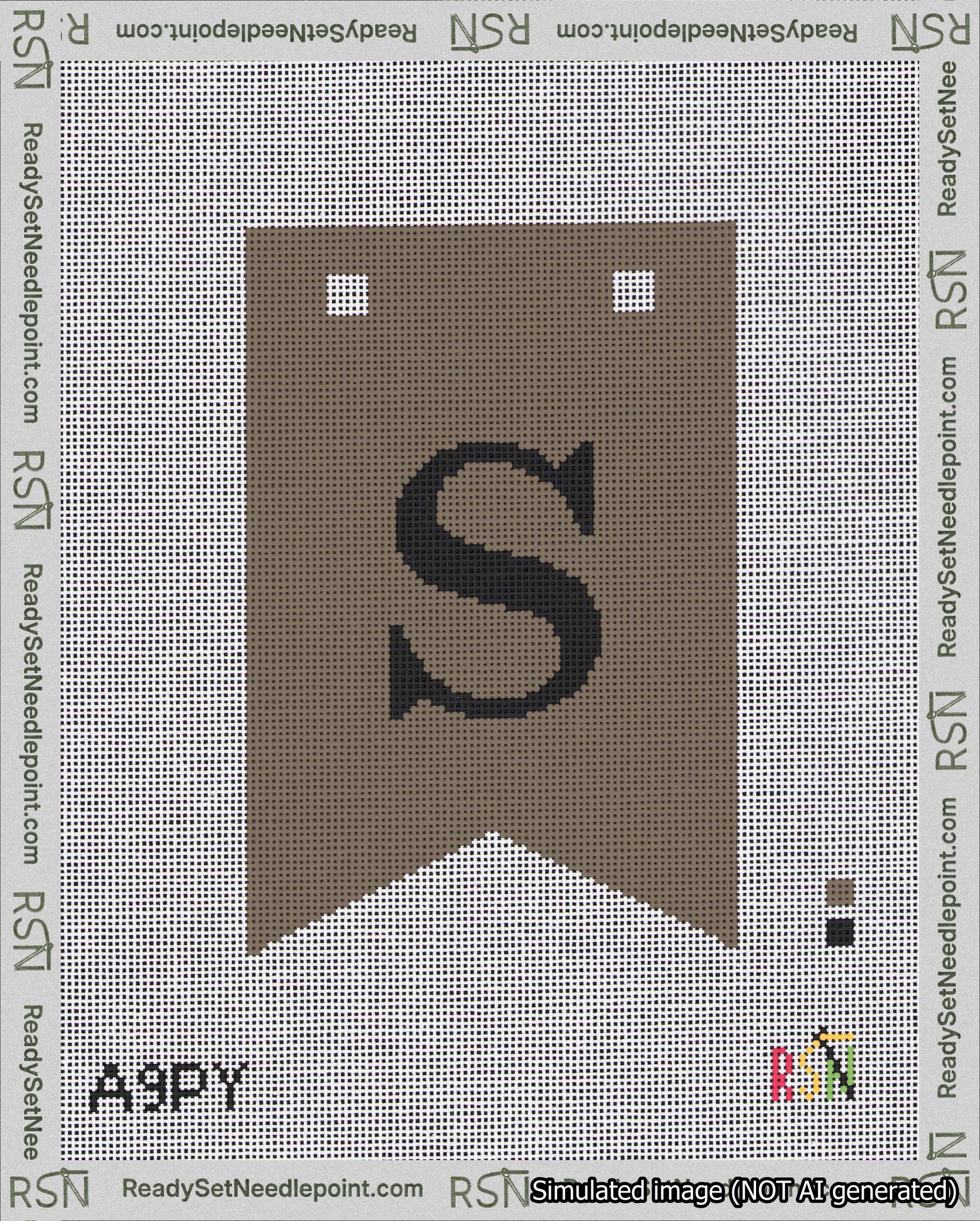 A taped needlepoint canvas with the design: Banner 18 mesh count Forked S Black on Brown.