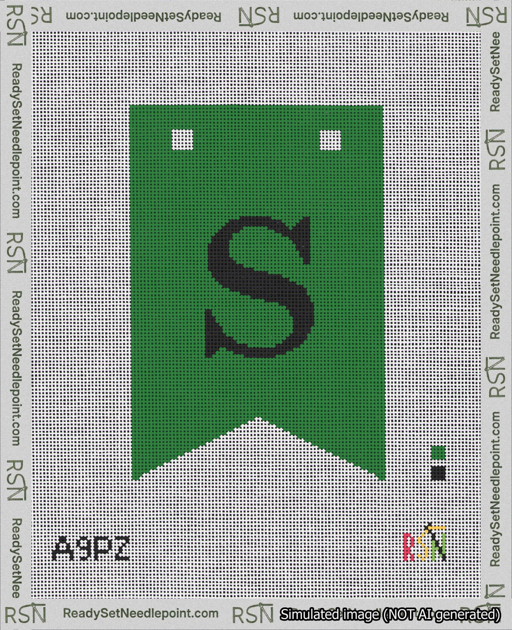 A taped needlepoint canvas with the design: Banner 18 mesh count Forked S Black on Green.