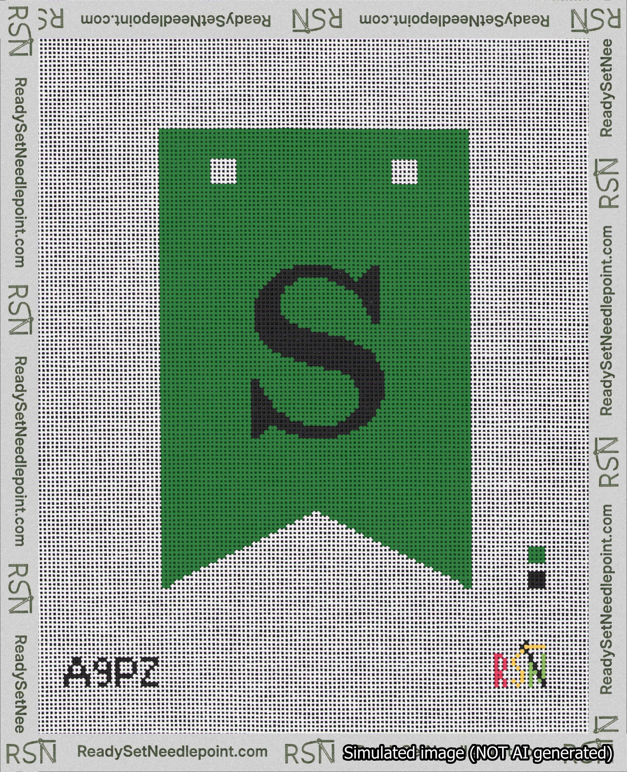 A taped needlepoint canvas with the design: Banner 18 mesh count Forked S Black on Green.