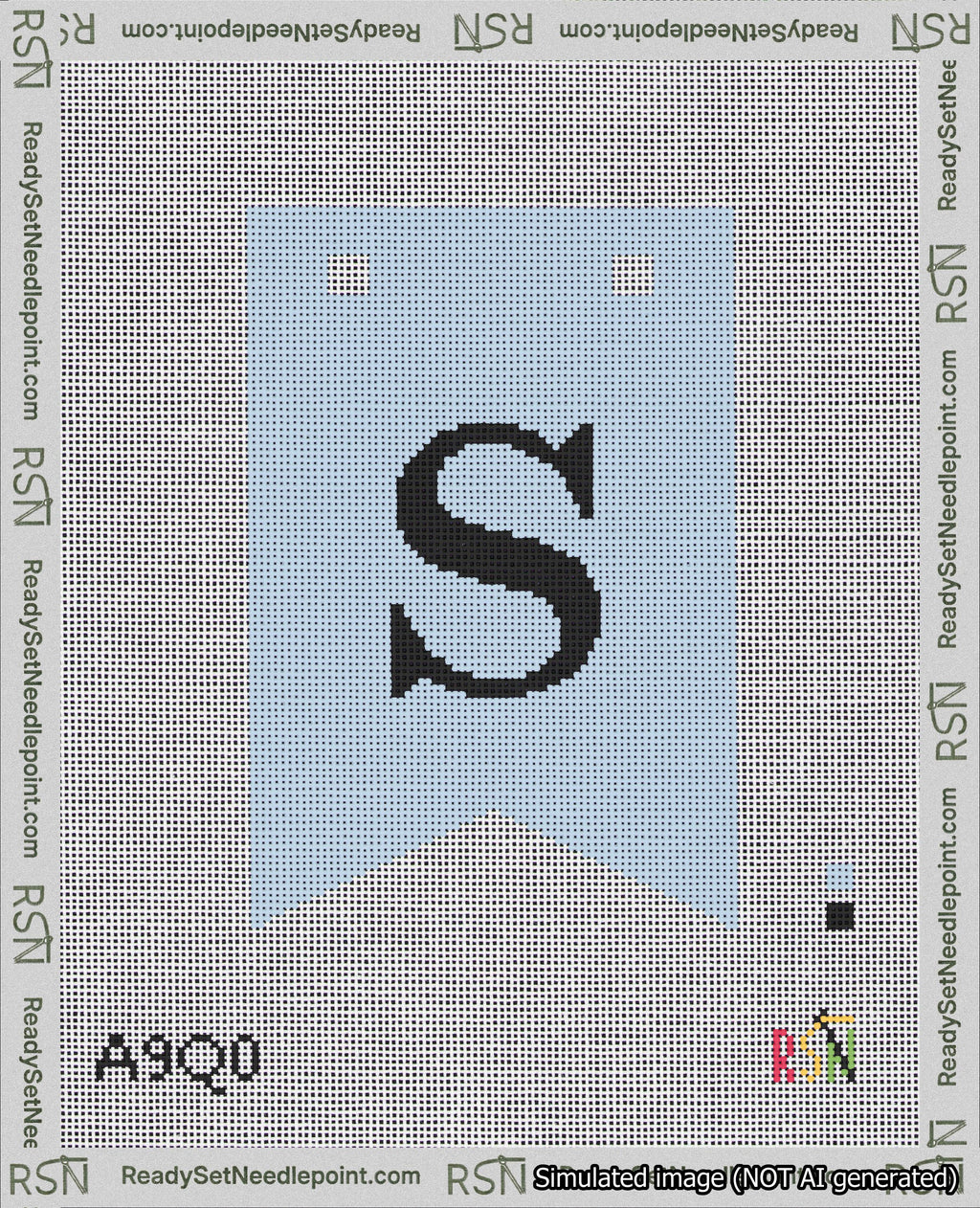 A taped needlepoint canvas with the design: Banner 18 mesh count Forked S Black on Light Blue.
