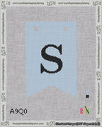 A taped needlepoint canvas with the design: Banner 18 mesh count Forked S Black on Light Blue.