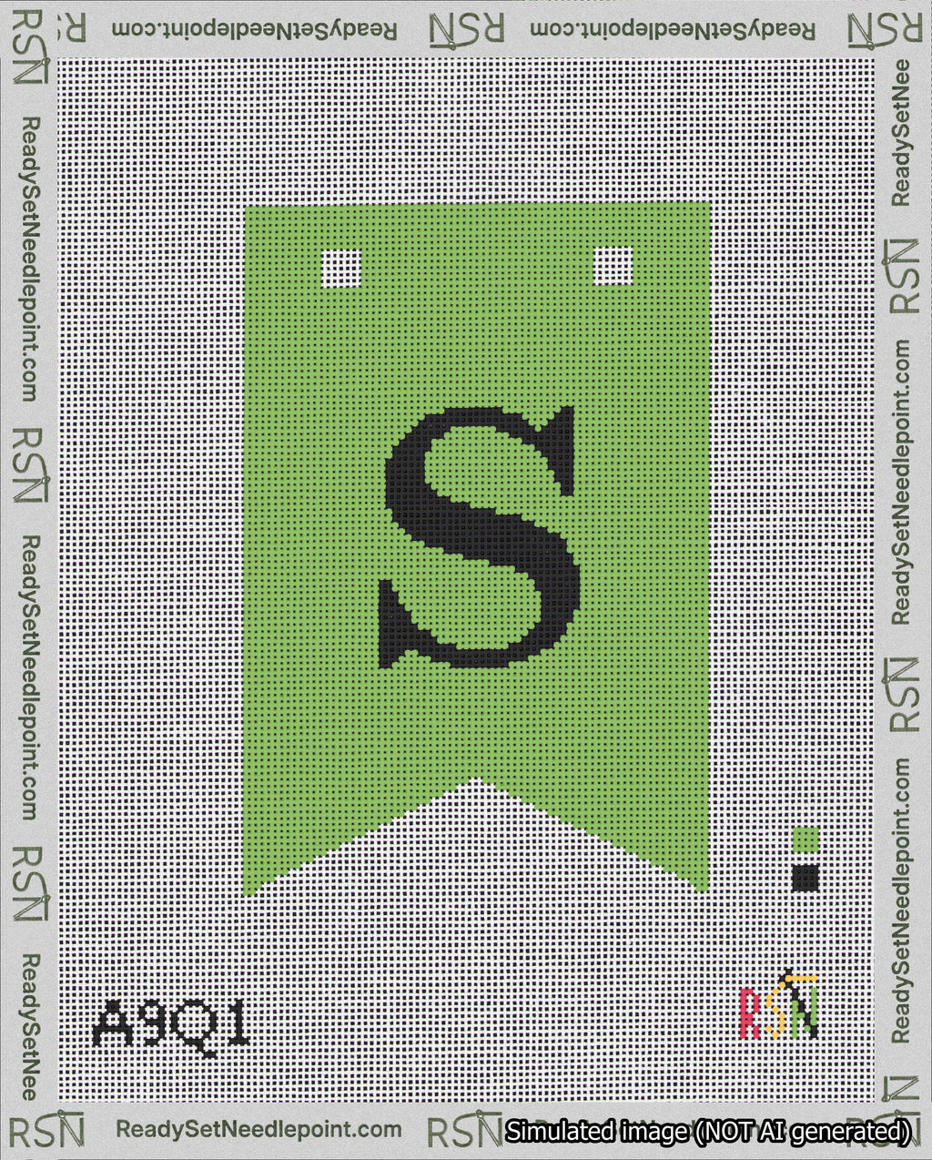 A taped needlepoint canvas with the design: Banner 18 mesh count Forked S Black on Light Green.