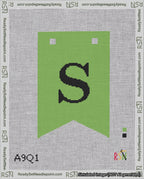 A taped needlepoint canvas with the design: Banner 18 mesh count Forked S Black on Light Green.