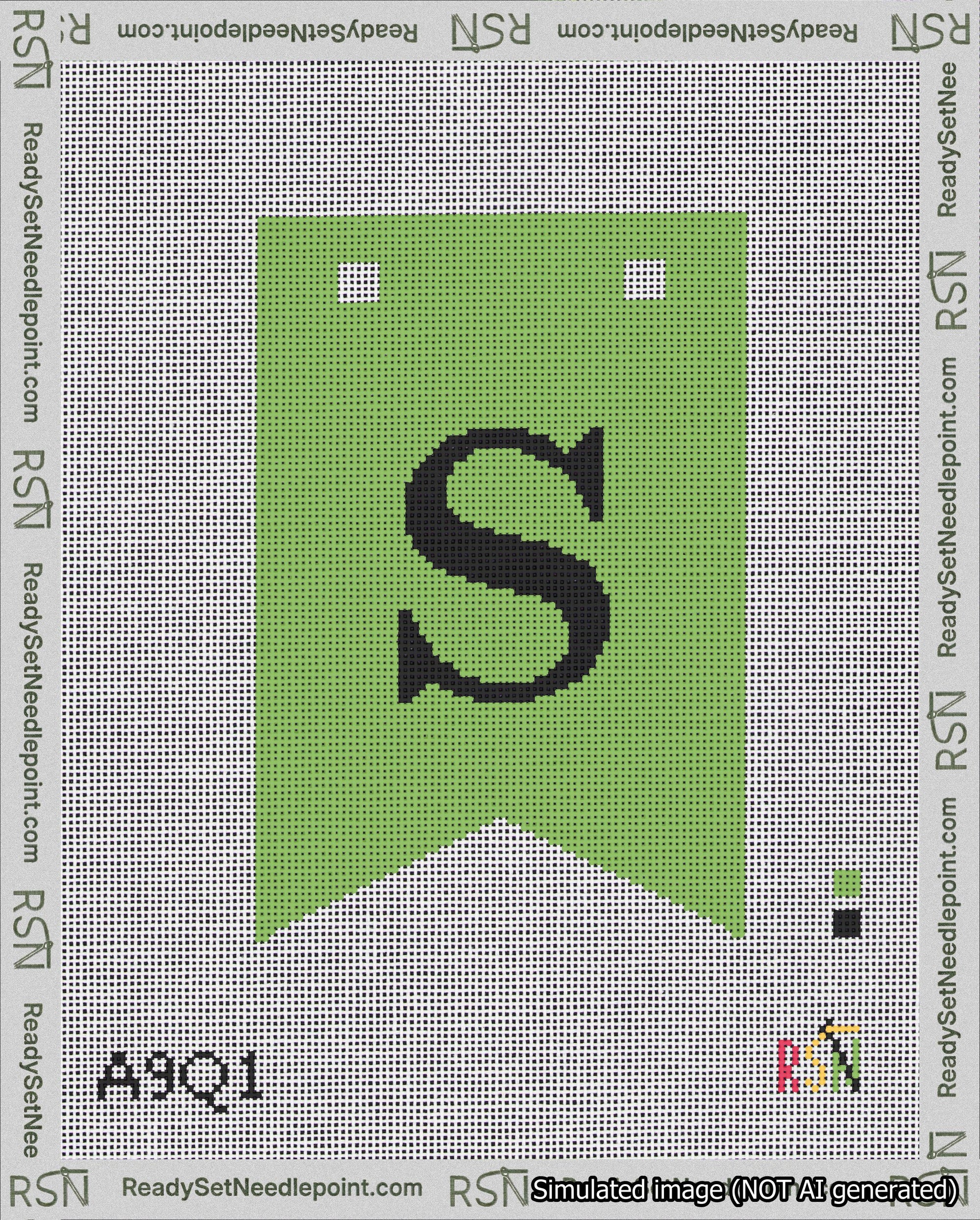 A taped needlepoint canvas with the design: Banner 18 mesh count Forked S Black on Light Green.